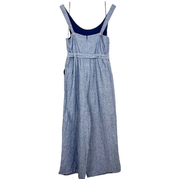 St. Tropez West Jumpsuit Women's 12 Blue Chambray 100% Linen Wide Leg Belted - Picture 14 of 16